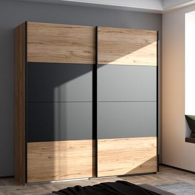 Forte DALATE Kleiderschrank 200, Klassischer Schwebetürenschrank mit Kontrastfronten, 2-türig, Holzwerkstoff, Catania Eiche/Schwarz, 200,1 cm breit, 210,5 cm hoch, 62,9 cm tief Forte DALATE Kleiderschrank 200, Klassischer Schwebetürenschrank mit Kontrastfronten, 2-türig, Holzwerkstoff, Catania Eiche/Schwarz, 200,1 cm breit, 210,5 cm hoch, 62,9 cm tief