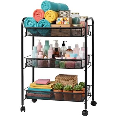 Relaxdays Rollwagen, 3 offene Ebenen, Metall, HxBxT: 62,5 x 43,5 x 26 cm, 4 Rollen, Küche, Bad, Beistellwagen, schwarz Relaxdays Rollwagen, 3 offene Ebenen, Metall, HxBxT: 62,5 x 43,5 x 26 cm, 4 Rollen, Küche, Bad, Beistellwagen, schwarz