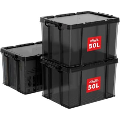 Cetomo 50L*3 Heavy-Duty Aufbewahrungsboxen, Stapelbare Kunststoffbox mit Deckeln, Robuster Behälter mit verstärkten Ecken & Einrastverschlüssen, Langlebig, Stabil, Transparent Schwarz, 50L-3er Set Cetomo 50L*3 Heavy-Duty Aufbewahrungsboxen, Stapelbare Kunststoffbox mit Deckeln, Robuster Behälter mit verstärkten Ecken & Einrastverschlüssen, Langlebig, Stabil, Transparent Schwarz, 50L-3er Set