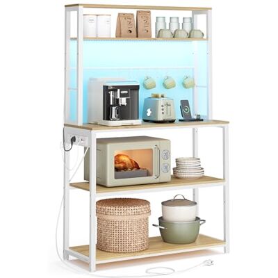 VASAGLE Küchenregal mit LED-Beleuchtung, Standregal mit Steckdosen, Mikrowellen-Regal mit verstellbaren Ablagen, 8 Haken, 40 x 80 x 168,4 cm, goldeichenfarben-mattweiß KKS050YA01 VASAGLE Küchenregal mit LED-Beleuchtung, Standregal mit Steckdosen, Mikrowellen-Regal mit verstellbaren Ablagen, 8 Haken, 40 x 80 x 168,4 cm, goldeichenfarben-mattweiß KKS050YA01