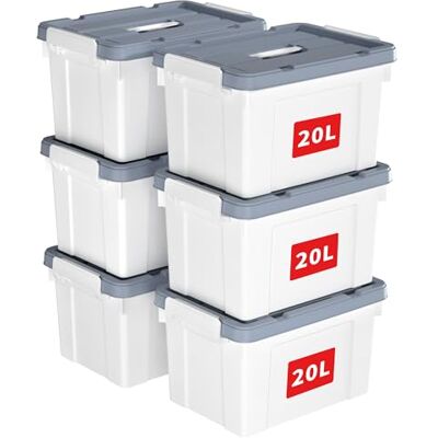 Cetomo 20L*6 Aufbewahrungsboxen, Tragbare Plastikboxen mit Deckeln, Organizer-Behälter mit Griff und Clips, Stapelbar, Ineinander Nestbar, für Zuhause und Büro, Weiß, 20L-6er Pack Cetomo 20L*6 Aufbewahrungsboxen, Tragbare Plastikboxen mit Deckeln, Organizer-Behälter mit Griff und Clips, Stapelbar, Ineinander Nestbar, für Zuhause und Büro, Weiß, 20L-6er Pack