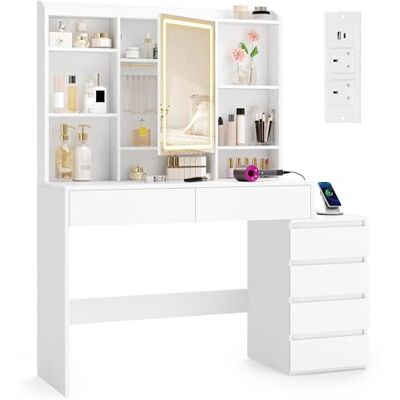 VASAGLE Kailyn Kollektion Schminktisch mit LED-Beleuchtung, Frisiertisch mit Steckdosenleiste, Spiegel, Kosmetiktisch mit verstellbaren Ablagen, modern, 40 x 124,7 x 145 cm, wolkenweiß RDT644WB01 VASAGLE Kailyn Kollektion Schminktisch mit LED-Beleuchtung, Frisiertisch mit Steckdosenleiste, Spiegel, Kosmetiktisch mit verstellbaren Ablagen, modern, 40 x 124,7 x 145 cm, wolkenweiß RDT644WB01