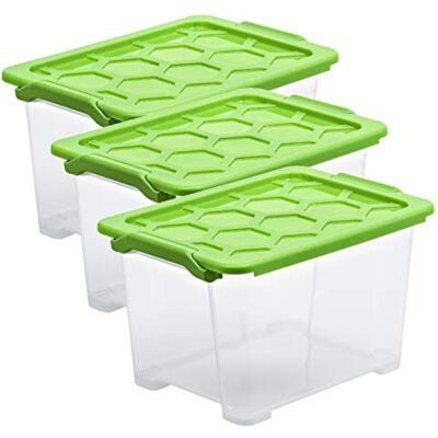 Rotho Evo Safe Keeping 3er-Set Aufbewahrungsbox 15l mit Deckel, lebensmittelechter Kunststoff (PP) BPA-frei, transparent/grün, 15l (39.3 x 28.3 x 23.0 cm) Rotho Evo Safe Keeping 3er-Set Aufbewahrungsbox 15l mit Deckel, lebensmittelechter Kunststoff (PP) BPA-frei, transparent/grün, 15l (39.3 x 28.3 x 23.0 cm)