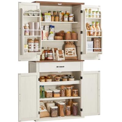 VASAGLE Küchenschrank, 178,6 cm hoher Mehrzweckschrank, Landhausstil, mit Schiebetüren, Schublade, Ablage und verstellbaren Einlegeböden, für Küche Esszimmer, vintageweiß BBK364W02 VASAGLE Küchenschrank, 178,6 cm hoher Mehrzweckschrank, Landhausstil, mit Schiebetüren, Schublade, Ablage und verstellbaren Einlegeböden, für Küche Esszimmer, vintageweiß BBK364W02