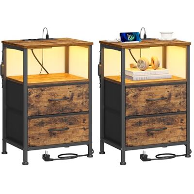 SONGMICS BELLAH Kollektion Nachttisch mit Ladestation, Beistelltisch, App-gesteuerte, einstellbare LED-Beleuchtung, 1 offenes Fach, 2 Schubladen, Industrie-Stil, 2er Set, vintagebraun LGS202K102 SONGMICS BELLAH Kollektion Nachttisch mit Ladestation, Beistelltisch, App-gesteuerte, einstellbare LED-Beleuchtung, 1 offenes Fach, 2 Schubladen, Industrie-Stil, 2er Set, vintagebraun LGS202K102