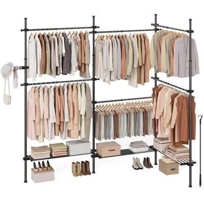 SONGMICS Teleskopstange Kleiderständer, 3-stufige Garderobe, höhen- und breitenverstellbar, offener Kleiderschrank mit 6 Kleiderstangen und 3 abnehmbaren Ablagen, Greifarm, Mattschwarz HSR155B01 SONGMICS Teleskopstange Kleiderständer, 3-stufige Garderobe, höhen- und breitenverstellbar, offener Kleiderschrank mit 6 Kleiderstangen und 3 abnehmbaren Ablagen, Greifarm, Mattschwarz HSR155B01