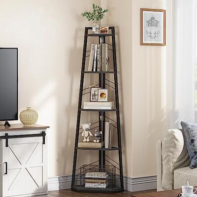 YITAHOME 5-Stöckiges Eck-Bücherregal Industrielles, Modernes Freistehendes Leiter-Regal Offenes Holzregal für Wohnzimmer, Diele, Home Office, Schwarz YITAHOME 5-Stöckiges Eck-Bücherregal Industrielles, Modernes Freistehendes Leiter-Regal Offenes Holzregal für Wohnzimmer, Diele, Home Office, Schwarz