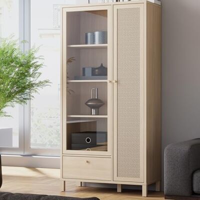 Forte SKELBIT Vitrine 90, Vitrinenschrank im Boho-Stil, 2-türig, 1 Schublade, Holzwerkstoff, Wohnzimmer, Elegancia Eiche Holzdekor Technorattan, 86,3 cm breit x 175,3 cm hoch x 42 cm tief Forte SKELBIT Vitrine 90, Vitrinenschrank im Boho-Stil, 2-türig, 1 Schublade, Holzwerkstoff, Wohnzimmer, Elegancia Eiche Holzdekor Technorattan, 86,3 cm breit x 175,3 cm hoch x 42 cm tief