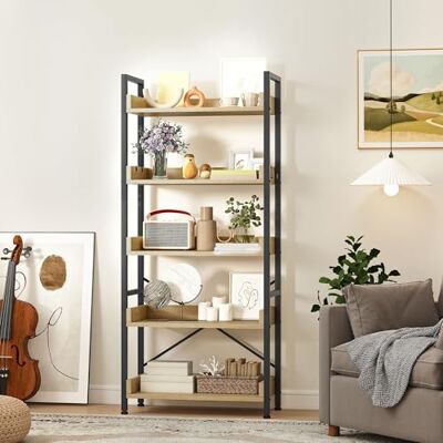 DWVO Hohes Bücherregal mit 5 Ebenen, bodenstehendes industrielles 64 cm breit, 160 cm hoch, großes Holzregal und Metallregal für Wohnzimmer, Zuhause, in Eichenfarbe DWVO Hohes Bücherregal mit 5 Ebenen, bodenstehendes industrielles 64 cm breit, 160 cm hoch, großes Holzregal und Metallregal für Wohnzimmer, Zuhause, in Eichenfarbe