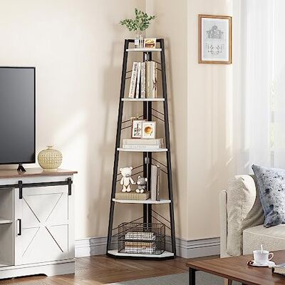 YITAHOME 5-Stöckiges Eck-Bücherregal Industrielles Freistehendes Leiter-Bücherregal, Modernes Offenes Holzregal für Wohnzimmer, Diele, Home Office, Weiß YITAHOME 5-Stöckiges Eck-Bücherregal Industrielles Freistehendes Leiter-Bücherregal, Modernes Offenes Holzregal für Wohnzimmer, Diele, Home Office, Weiß