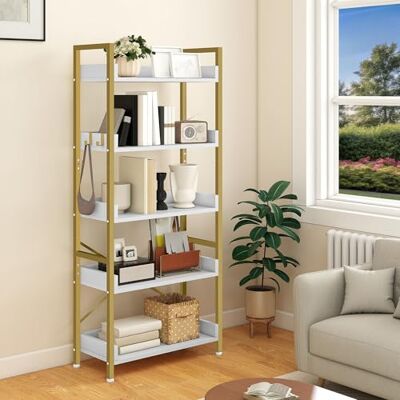 YITAHOME Bücherregal 5 Etagen, Stehend Offen Bücherregal, Metal Schmal Hoch mit 4 Haken Industrielles Lagerregal für Wohnzimmer, Heimbüro, Golden YITAHOME Bücherregal 5 Etagen, Stehend Offen Bücherregal, Metal Schmal Hoch mit 4 Haken Industrielles Lagerregal für Wohnzimmer, Heimbüro, Golden