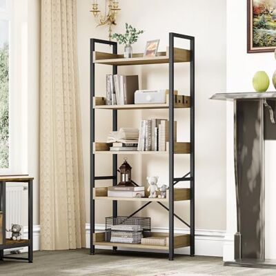 YITAHOME Bücherregal 5 Etagen, Bodenstehendes Bücherregal, Holzregal und stabiles Stahlrahmenregal mit 4 Haken Industrielles Lagerregal für Wohnzimmer, Heimbüro, Eiche Farbe YITAHOME Bücherregal 5 Etagen, Bodenstehendes Bücherregal, Holzregal und stabiles Stahlrahmenregal mit 4 Haken Industrielles Lagerregal für Wohnzimmer, Heimbüro, Eiche Farbe