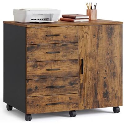 VASAGLE Rollcontainer, mobiler Aktenschrank, Schubladenschrank, Schrank mit Tür, Druckerständer mit 5 Schubladen, mit schraubenlosen Gleitschienen, für Büro, Homeoffice, vintagebraun OFC092KD02 VASAGLE Rollcontainer, mobiler Aktenschrank, Schubladenschrank, Schrank mit Tür, Druckerständer mit 5 Schubladen, mit schraubenlosen Gleitschienen, für Büro, Homeoffice, vintagebraun OFC092KD02