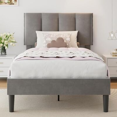 VECELO Polsterbett 90x200 cm Einzelbett mit Samt-Kopfteil und Lattenrost aus Massivholz, hautfreundlichem Stoff, stabilem Bettgestell – geeignet für Schlafzimmer und Jugendzimmer, Grau VECELO Polsterbett 90x200 cm Einzelbett mit Samt-Kopfteil und Lattenrost aus Massivholz, hautfreundlichem Stoff, stabilem Bettgestell – geeignet für Schlafzimmer und Jugendzimmer, Grau