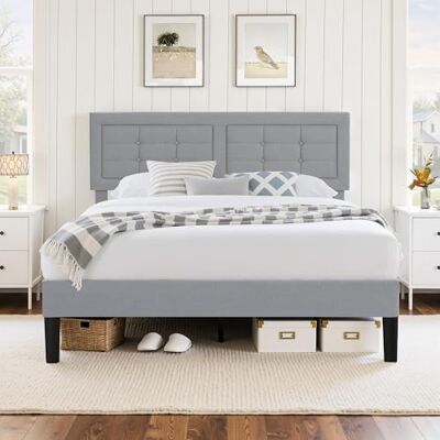 VECELO Polsterbett 140 x 200 cm, Doppelbett mit Höhenverstellbarem Kopfteil, Bett Bettrahmen mit Lattenrost, Gepolstertes Bettgestell Jugendbett für Schlafzimmer Gästezimmer, Hellgrau VECELO Polsterbett 140 x 200 cm, Doppelbett mit Höhenverstellbarem Kopfteil, Bett Bettrahmen mit Lattenrost, Gepolstertes Bettgestell Jugendbett für Schlafzimmer Gästezimmer, Hellgrau