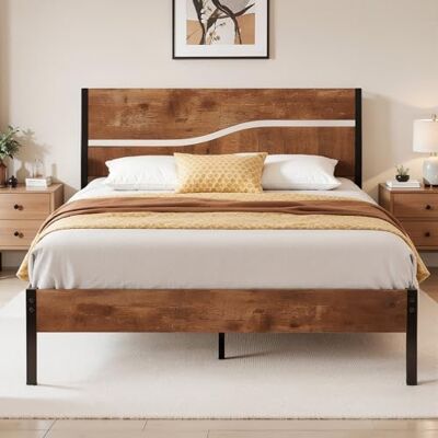 VECELO Moderner Metall-Holz Bettrahmen 140x200 cm – Doppelbett mit Dickem Holz-Kopfteil, Lattenrost und Stauraum, Einfach Aufgebaut, Ideal für Gästezimmer, Schlaf- und Jugendzimmer, Braun VECELO Moderner Metall-Holz Bettrahmen 140x200 cm – Doppelbett mit Dickem Holz-Kopfteil, Lattenrost und Stauraum, Einfach Aufgebaut, Ideal für Gästezimmer, Schlaf- und Jugendzimmer, Braun