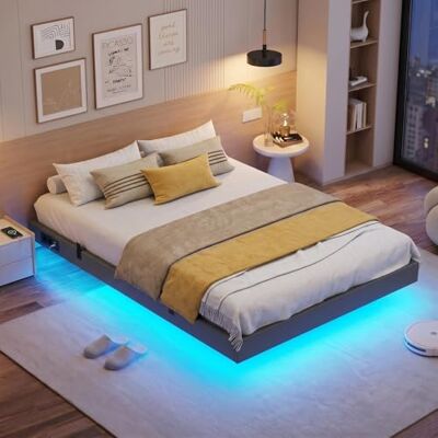 IRONCK Bettgestell 140x200 cm, Schwebender Bett mit LED Beleuchtung, Gepolsterte Seitenwände, 2 AC-Steckdosen, 2 USB-A-Anschluss, 1 USB-C-Anschluss, Metallbett mit Lattenrost Doppelbett, Grau IRONCK Bettgestell 140x200 cm, Schwebender Bett mit LED Beleuchtung, Gepolsterte Seitenwände, 2 AC-Steckdosen, 2 USB-A-Anschluss, 1 USB-C-Anschluss, Metallbett mit Lattenrost Doppelbett, Grau