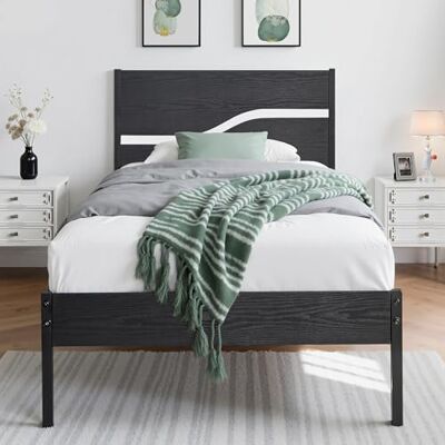 VECELO Bettgestell 90 x 200 aus Metall Holz, Einzelbett mit Lattenrost und dickem Holzkopfteil, Gästebett Jugendbett Modern für Schlafzimmer, 31 cm Stauraum unter dem Bett, Schwarz VECELO Bettgestell 90 x 200 aus Metall Holz, Einzelbett mit Lattenrost und dickem Holzkopfteil, Gästebett Jugendbett Modern für Schlafzimmer, 31 cm Stauraum unter dem Bett, Schwarz