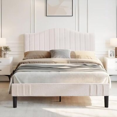 VECELO Polsterbett 140x200 cm Doppelbett, Bettgestell aus Teddy-Stoff mit höhenverstellbarem Kopfteil und Lattenrost aus Massivholz, 20 cm Stauraum unter dem Bett, modern, geräuscharm, beige VECELO Polsterbett 140x200 cm Doppelbett, Bettgestell aus Teddy-Stoff mit höhenverstellbarem Kopfteil und Lattenrost aus Massivholz, 20 cm Stauraum unter dem Bett, modern, geräuscharm, beige