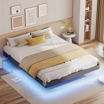 IRONCK Bettgestell 160x200 cm, Schwebender Bett mit LED Beleuchtung, Gepolsterte Seitenwände, 2 AC-Steckdosen, 2 USB-A-Anschluss, 1 USB-C-Anschluss, Metallbett mit Lattenrost Doppelbett, Grau IRONCK Bettgestell 160x200 cm, Schwebender Bett mit LED Beleuchtung, Gepolsterte Seitenwände, 2 AC-Steckdosen, 2 USB-A-Anschluss, 1 USB-C-Anschluss, Metallbett mit Lattenrost Doppelbett, Grau