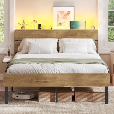 VASAGLE Doppelbettgestell, Bett, 140 x 200 cm, Metallrahmen, LED-Beleuchtung, USB-A- und USB-C-Anschluss, Unterbettaufbewahrung, Industrie-Stil, einfache Montage, naturbraun RMB104HC01 VASAGLE Doppelbettgestell, Bett, 140 x 200 cm, Metallrahmen, LED-Beleuchtung, USB-A- und USB-C-Anschluss, Unterbettaufbewahrung, Industrie-Stil, einfache Montage, naturbraun RMB104HC01