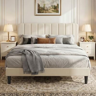 VECELO Polsterbett 140 x 200 cm, Doppelbett mit Höhenverstellbarem Kopfteil, Samtbezug und Stabiler Lattenrost, Geräuschfrei, Einfache Montage, für Schlafzimmer und Gästezimmer, Beige VECELO Polsterbett 140 x 200 cm, Doppelbett mit Höhenverstellbarem Kopfteil, Samtbezug und Stabiler Lattenrost, Geräuschfrei, Einfache Montage, für Schlafzimmer und Gästezimmer, Beige