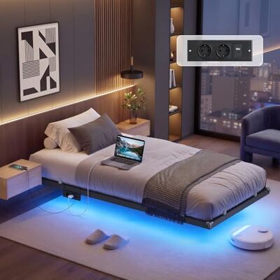 VASAGLE Bettgestell 90 x 200 cm, schwebender Effekt, LED-Beleuchtung, abnehmbare Steckdosenleiste, 2 AC-Steckdosen, 1 USB-C-Anschluss, 2 USB-A-Anschlüsse, trägt bis 250 kg, tintenschwarz RMB172B101 VASAGLE Bettgestell 90 x 200 cm, schwebender Effekt, LED-Beleuchtung, abnehmbare Steckdosenleiste, 2 AC-Steckdosen, 1 USB-C-Anschluss, 2 USB-A-Anschlüsse, trägt bis 250 kg, tintenschwarz RMB172B101