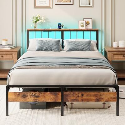 IRONCK Bett 140x200, LED Holzkopfteil, stabiles Doppelbett mit Lattenrost IRONCK Bett 140x200, LED Holzkopfteil, stabiles Doppelbett mit Lattenrost