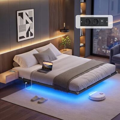 VASAGLE Bettgestell 180 x 200 cm, schwebender Effekt, LED-Beleuchtung, abnehmbare Steckdosenleiste, 2 AC-Steckdosen, 1 USB-C-Anschluss, 2 USB-A-Anschlüsse, trägt bis 500 kg, tintenschwarz RMB178B101 VASAGLE Bettgestell 180 x 200 cm, schwebender Effekt, LED-Beleuchtung, abnehmbare Steckdosenleiste, 2 AC-Steckdosen, 1 USB-C-Anschluss, 2 USB-A-Anschlüsse, trägt bis 500 kg, tintenschwarz RMB178B101