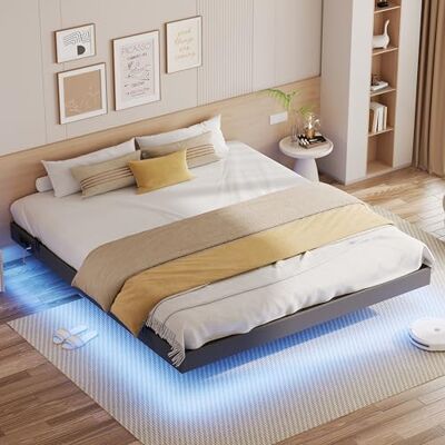 IRONCK Bettgestell 180x200 cm, Schwebender Bett mit LED Beleuchtung, Gepolsterte Seitenwände, 2 AC-Steckdosen, 2 USB-A-Anschluss, 1 USB-C-Anschluss, Metallbett mit Lattenrost Doppelbett, Grau IRONCK Bettgestell 180x200 cm, Schwebender Bett mit LED Beleuchtung, Gepolsterte Seitenwände, 2 AC-Steckdosen, 2 USB-A-Anschluss, 1 USB-C-Anschluss, Metallbett mit Lattenrost Doppelbett, Grau