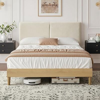 VECELO Polsterbett 140x200 cm, Doppelbett mit Höhenverstellbarem Kopfteil, Baumwoll Leinen Stoff, Stabiler Lattenrost, Geräuscharm und Einfach montierbar, für Gästezimmer, Beige(Ohne Matratze) VECELO Polsterbett 140x200 cm, Doppelbett mit Höhenverstellbarem Kopfteil, Baumwoll Leinen Stoff, Stabiler Lattenrost, Geräuscharm und Einfach montierbar, für Gästezimmer, Beige(Ohne Matratze)