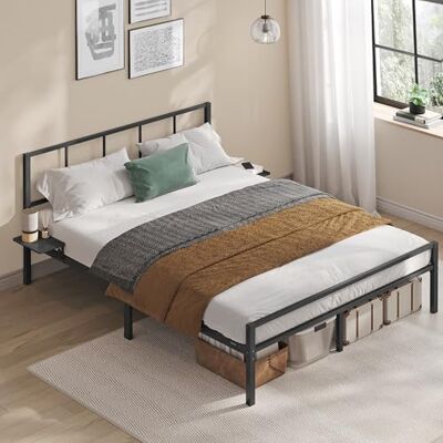 VASAGLE Doppelbettgestell, Bett, passend für 140 x 200 cm Matratze, Metallbett, Bettrahmen, mit Kopfteil, modern, mit Aufbewahrungsregalen, Gästebett, für Teenager, tintenschwarz RMB194BD01 VASAGLE Doppelbettgestell, Bett, passend für 140 x 200 cm Matratze, Metallbett, Bettrahmen, mit Kopfteil, modern, mit Aufbewahrungsregalen, Gästebett, für Teenager, tintenschwarz RMB194BD01