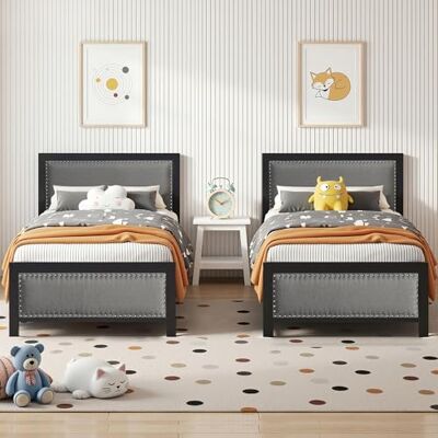 VECELO 2er-Set Polsterbett 90x200 cm mit Lattenrost, Einzelbett mit Leinen-Kopfteil und Nietenakzente, stabiles Metall-Bettgestell, geräuscharm, einfache Montage, Dunkelgrau VECELO 2er-Set Polsterbett 90x200 cm mit Lattenrost, Einzelbett mit Leinen-Kopfteil und Nietenakzente, stabiles Metall-Bettgestell, geräuscharm, einfache Montage, Dunkelgrau