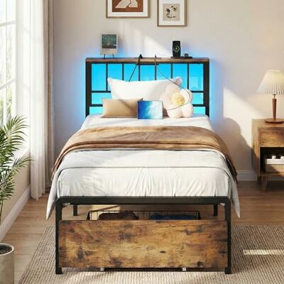 IRONCK Bett 90x200 mit Stauraum, Bettgestell 90x200 mit LED-Beleuchtung & Ladestation, Jugendbett mit Lattenrost aus Metall und Schubladen, Einzelbett, Metallbett mit Kopfteil IRONCK Bett 90x200 mit Stauraum, Bettgestell 90x200 mit LED-Beleuchtung & Ladestation, Jugendbett mit Lattenrost aus Metall und Schubladen, Einzelbett, Metallbett mit Kopfteil