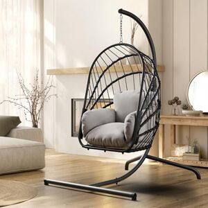 YITAHOME Grau Hängesessel mit Gestell, Rattan-Korb Schaukelstuhl mit strapazierfähiger Polsterung, 160 kg Tragfähigkeit, Garten, Schlafzimmer, Balkon, Outdoor oder Indoor Schaukel Sessel YITAHOME Grau Hängesessel mit Gestell, Rattan-Korb Schaukelstuhl mit strapazierfähiger Polsterung, 160 kg Tragfähigkeit, Garten, Schlafzimmer, Balkon, Outdoor oder Indoor Schaukel Sessel