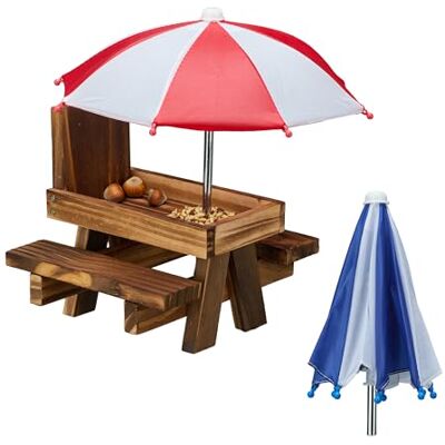 Relaxdays Eichhörnchen Tisch, Holz, Eichhörnchenbank mit 2 Schirmen, Eichhörnchen-Picknicktisch zum Hängen, Dunkelbraun Relaxdays Eichhörnchen Tisch, Holz, Eichhörnchenbank mit 2 Schirmen, Eichhörnchen-Picknicktisch zum Hängen, Dunkelbraun