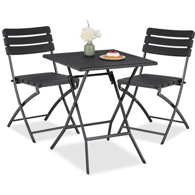Relaxdays Balkonmöbel Set, 3-teilig, 1 Tisch & 2 Stühle, klappbar, Gartengarnitur Holzoptik, Stahl & Kunststoff, schwarz Relaxdays Balkonmöbel Set, 3-teilig, 1 Tisch & 2 Stühle, klappbar, Gartengarnitur Holzoptik, Stahl & Kunststoff, schwarz