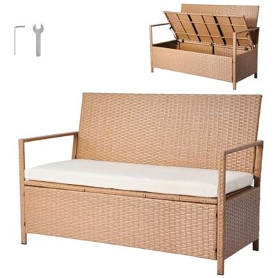 VEVOR Gartenbank mit Stauraum, 2-Personen-PE-Rattan-Sitztruhe, Truhenbank mit Kissen, Sitzbank bis zu 120 kg, Gartensitzgelegenheit und Veranda-Dekor für Terrasse, Garten, Balkon, 121x59x81,5cm VEVOR Gartenbank mit Stauraum, 2-Personen-PE-Rattan-Sitztruhe, Truhenbank mit Kissen, Sitzbank bis zu 120 kg, Gartensitzgelegenheit und Veranda-Dekor für Terrasse, Garten, Balkon, 121x59x81,5cm