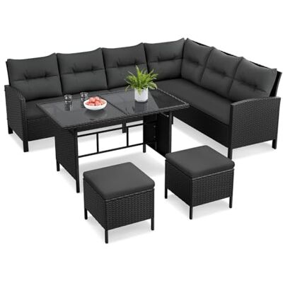 Yaheetech Polyrattan Lounge inkl. Ecksofa, Esstisch, 2 Hocker & Kissen bis 7 Personen, Wetterfest Gartenmöbel Set Rattan Sitzgruppe Gartenlounge Essgruppe für Garten Balkon Terrasse, Schwarz & Grau Yaheetech Polyrattan Lounge inkl. Ecksofa, Esstisch, 2 Hocker & Kissen bis 7 Personen, Wetterfest Gartenmöbel Set Rattan Sitzgruppe Gartenlounge Essgruppe für Garten Balkon Terrasse, Schwarz & Grau