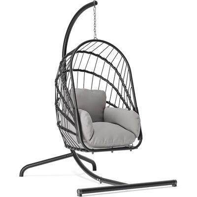 YITAHOME Hängesessel mit Ständer, Rattan-Korb Schaukelstuhl mit strapazierfähiger Polsterung, 160 kg Tragfähigkeit, Klappbarer Hänge-Korbstuhl für Terrasse, Garten, Schlafzimmer, Balkon (Grau) YITAHOME Hängesessel mit Ständer, Rattan-Korb Schaukelstuhl mit strapazierfähiger Polsterung, 160 kg Tragfähigkeit, Klappbarer Hänge-Korbstuhl für Terrasse, Garten, Schlafzimmer, Balkon (Grau)