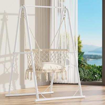 YITAHOME Hängesessel mit Gestell, Max. Belastung 150 kg, Stabiler Stahlrahmen, Hängeschaukel mit Kissen, 105x93x160 cm, Hängesessel mit 2 Haken für Terrasse, Balkon und Garten, Weiß YITAHOME Hängesessel mit Gestell, Max. Belastung 150 kg, Stabiler Stahlrahmen, Hängeschaukel mit Kissen, 105x93x160 cm, Hängesessel mit 2 Haken für Terrasse, Balkon und Garten, Weiß