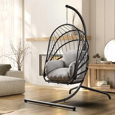 YITAHOME Grau Hängesessel mit Gestell, Rattan-Korb Schaukelstuhl mit strapazierfähiger Polsterung, 160 kg Tragfähigkeit, Garten, Schlafzimmer, Balkon, Outdoor oder Indoor Schaukel Sessel YITAHOME Grau Hängesessel mit Gestell, Rattan-Korb Schaukelstuhl mit strapazierfähiger Polsterung, 160 kg Tragfähigkeit, Garten, Schlafzimmer, Balkon, Outdoor oder Indoor Schaukel Sessel