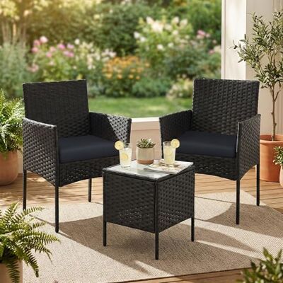 SONGMICS Balkonmöbel, Gartenmöbel-Set, aus PE-Polyrattan, Lounge-Set, Tisch und 2 Stühle, Terrassenmöbel, Outdoor, für Terrasse, Balkon, Garten, schwarz-grau GGF003B02 SONGMICS Balkonmöbel, Gartenmöbel-Set, aus PE-Polyrattan, Lounge-Set, Tisch und 2 Stühle, Terrassenmöbel, Outdoor, für Terrasse, Balkon, Garten, schwarz-grau GGF003B02