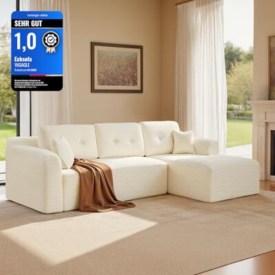 VASAGLE Ecksofa, modulares Sofa 244 cm breit, vakuumverpackt, Schlafsofa, Keine Montage erforderlich, mit großer Chaiselongue rechts, für Wohnzimmer, Gästezimmer, cremeweiß LCS184WD01 VASAGLE Ecksofa, modulares Sofa 244 cm breit, vakuumverpackt, Schlafsofa, Keine Montage erforderlich, mit großer Chaiselongue rechts, für Wohnzimmer, Gästezimmer, cremeweiß LCS184WD01