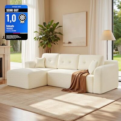 VASAGLE Ecksofa, modulares Sofa 244 cm breit, vakuumverpackt, Schlafsofa, Keine Montage erforderlich, mit großer Chaiselongue Links, für Wohnzimmer, Gästezimmer, cremeweiß LCS183WD01 VASAGLE Ecksofa, modulares Sofa 244 cm breit, vakuumverpackt, Schlafsofa, Keine Montage erforderlich, mit großer Chaiselongue Links, für Wohnzimmer, Gästezimmer, cremeweiß LCS183WD01