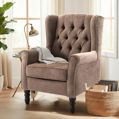 COLAMY Mid-Century Modern Sessel Wohnzimmer, Gepolsterter Wingback-Sessel mit Knopfsteppung, loungesessel Bezug aus Gewebe mit Massivholzbeinen für Wohnzimmer, Büro, Café Braun COLAMY Mid-Century Modern Sessel Wohnzimmer, Gepolsterter Wingback-Sessel mit Knopfsteppung, loungesessel Bezug aus Gewebe mit Massivholzbeinen für Wohnzimmer, Büro, Café Braun