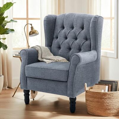 COLAMY Mid-Century Modern Sessel Wohnzimmer, Gepolsterter Wingback-Sessel mit Knopfsteppung, loungesessel Bezug aus Gewebe mit Massivholzbeinen für Wohnzimmer, Büro, Café Blau COLAMY Mid-Century Modern Sessel Wohnzimmer, Gepolsterter Wingback-Sessel mit Knopfsteppung, loungesessel Bezug aus Gewebe mit Massivholzbeinen für Wohnzimmer, Büro, Café Blau