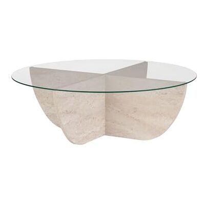 Hanah Home Stilvoller Couchtisch, 90 x 90 x 30 cm, Travertine-Farbe 100% Sicherheitsglas-Tischplatte, 18 mm melaminbeschichteter Rahmen perfekt für Moderne Wohnräume Hanah Home Stilvoller Couchtisch, 90 x 90 x 30 cm, Travertine-Farbe 100% Sicherheitsglas-Tischplatte, 18 mm melaminbeschichteter Rahmen perfekt für Moderne Wohnräume