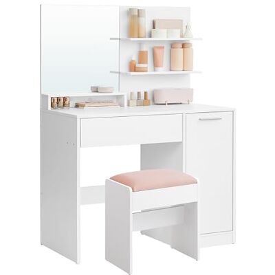 VASAGLE Kailyn Kollektion Schminktisch mit Hocker, Frisiertisch mit Spiegel, Kosmetiktisch, Schublade und offene Ablagen, Schrank mit 2 verstellbaren Ablagen, weiß RDT719W01 VASAGLE Kailyn Kollektion Schminktisch mit Hocker, Frisiertisch mit Spiegel, Kosmetiktisch, Schublade und offene Ablagen, Schrank mit 2 verstellbaren Ablagen, weiß RDT719W01