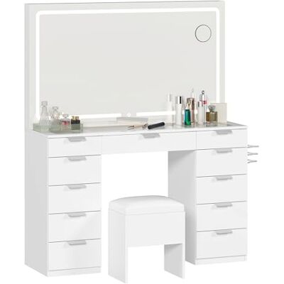 DWVO Schminktisch mit Spiegel, Kosmetiktisch mit 11 Schubladen, Beleuchtung, Steckdose, Weiß (Make Up Tisch, Frisiertisch, Kosmetiktisch, Vanity Table) DWVO Schminktisch mit Spiegel, Kosmetiktisch mit 11 Schubladen, Beleuchtung, Steckdose, Weiß (Make Up Tisch, Frisiertisch, Kosmetiktisch, Vanity Table)